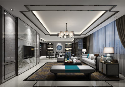 新中式客餐厅 极简中式家具 沙发 吊灯 茶几 餐桌 方几